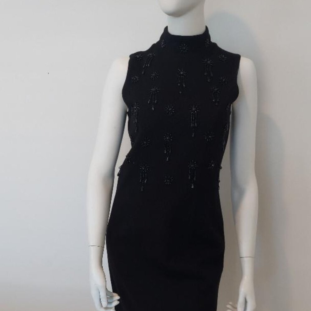 Vintage Nina Charles for Kasper ASL Petite Black Beaded Sweater Dress Mock Neck